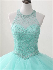 Pearl and Crystals Sheer Scoop Blouse Mint Green Ruffles Pretty Quinceanera Court Dress