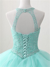 Pearl and Crystals Sheer Scoop Blouse Mint Green Ruffles Pretty Quinceanera Court Dress