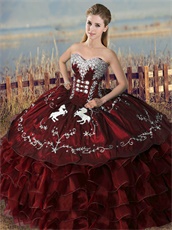 Embroidery Horse Overlay Burgundy Western Village Quinceanera Ceremony Ball Gown Cheap