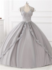 Dual Straps Applique Blouse Silver Tulle Quinceanera Evening Ball Gown and Jacket