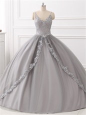Dual Straps Applique Blouse Silver Tulle Quinceanera Evening Ball Gown and Jacket