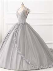 Dual Straps Applique Blouse Silver Tulle Quinceanera Evening Ball Gown and Jacket