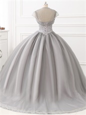 Dual Straps Applique Blouse Silver Tulle Quinceanera Evening Ball Gown and Jacket