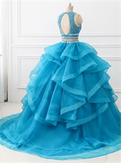 Two Pieces Detached Beadwork Blouse Horsehair Ruffles Train Quince Ball Gown Azure