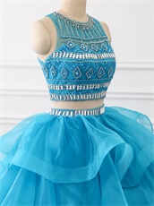 Two Pieces Detached Beadwork Blouse Horsehair Ruffles Train Quince Ball Gown Azure