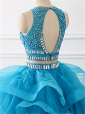 Two Pieces Detached Beadwork Blouse Horsehair Ruffles Train Quince Ball Gown Azure