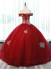 Off Shoulder Basque Corset Red Tulle Puffy Skirt Horsehair Hemline Ceremony Ball Gown