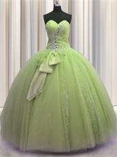 Glamorous Dust Yellow Green Puffy Prom Ball Gown With Spakle Tulle