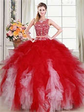 Scoop Two Pieces Separated Show Belly Dense Red and Pink Tulle Ruffles Quince Gowns