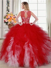 Scoop Two Pieces Separated Show Belly Dense Red and Pink Tulle Ruffles Quince Gowns