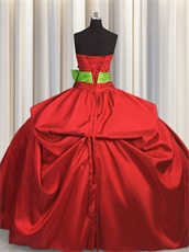 Puffy Red Taffeta Quinceanera Sweet 16 Ball Gown With Spring Green Bowknot