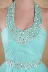 Popular Empire Halter Floor-length Aqua Beaded Lady Prom Dress