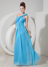 One Shoulder Rosette Strap Aqua Blue Chiffon Latest Prom Dress