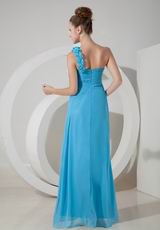 One Shoulder Rosette Strap Aqua Blue Chiffon Latest Prom Dress