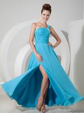 One Shoulder Doger Blue Long Prom Dress With Side Spit