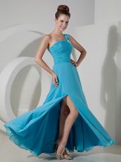 One Shoulder Doger Blue Long Prom Dress With Side Spit