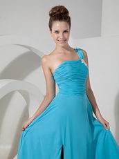 One Shoulder Doger Blue Long Prom Dress With Side Spit