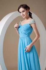 Beaded Cap Sleeves Prom Dress By Aqua Blue Chiffon Fabric