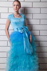 Short Sleeves Cascade Gradually Changing Blue Evening Dress