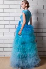 Short Sleeves Cascade Gradually Changing Blue Evening Dress