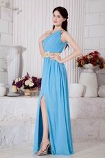 One Shoulder Neck Aqua Blue Prom Dress With Front Split