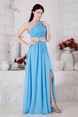 One Shoulder Neck Aqua Blue Prom Dress With Front Split