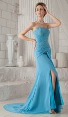 Column Strapless Front Split Skirt Aqua Blue Prom Celebrity Dress