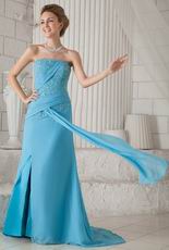 Column Strapless Front Split Skirt Aqua Blue Prom Celebrity Dress