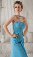 Column Strapless Front Split Skirt Aqua Blue Prom Celebrity Dress