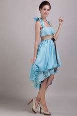 Halter Bowknot Strap High-low Aqua Blue Short Prom Dress