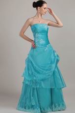 Strapless A-line Skirt Teal Blue Prom Dress With Applique