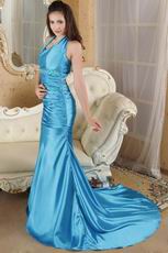 Side Halter Cross Back Beaded Mermaid Sky Blue Prom Dress