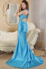 Side Halter Cross Back Beaded Mermaid Sky Blue Prom Dress