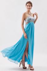 Sequin Strapless Tied Back Aqua Chiffon Prom Dress With Split