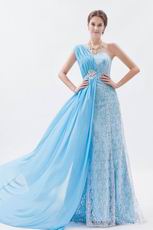 2013 One Shoulder Lace Skirt Aqua Blue Chiffon Prom Dress