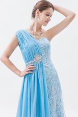 2013 One Shoulder Lace Skirt Aqua Blue Chiffon Prom Dress