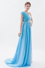 2013 One Shoulder Lace Skirt Aqua Blue Chiffon Prom Dress