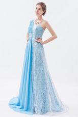 2013 One Shoulder Lace Skirt Aqua Blue Chiffon Prom Dress