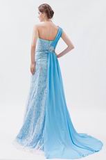 2013 One Shoulder Lace Skirt Aqua Blue Chiffon Prom Dress