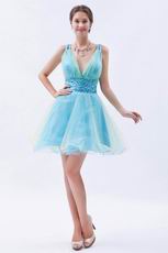 Colorful V-Neck Light Blue Custom Make Short Prom Dress