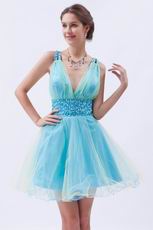 Colorful V-Neck Light Blue Custom Make Short Prom Dress