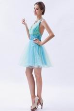 Colorful V-Neck Light Blue Custom Make Short Prom Dress