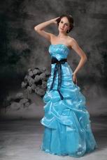 Floor Length Aqua Blue Prom Ball Gown With Black Belt