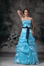 Floor Length Aqua Blue Prom Ball Gown With Black Belt