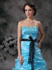 Floor Length Aqua Blue Prom Ball Gown With Black Belt