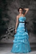 Floor Length Aqua Blue Prom Ball Gown With Black Belt