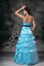 Floor Length Aqua Blue Prom Ball Gown With Black Belt