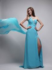 Watteau Aqua Dress With One Shoulder Skirt For Evening