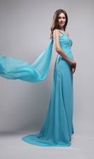 Watteau Aqua Dress With One Shoulder Skirt For Evening