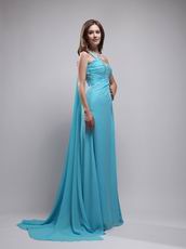 Watteau Aqua Dress With One Shoulder Skirt For Evening